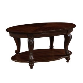 42'' oval wood coffee table for Living Room, 2-Tier Solid Wood Cocktail Table with Open Storage Shelf, Easy Assembly, Cherry ( Color written on Packag