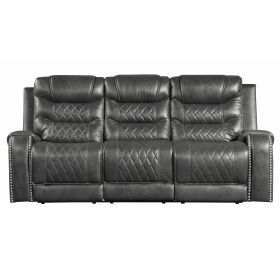 Luxurious Living Room Furniture 1pc Gray Double Reclining Sofa with Center Drop-Down Cup Holders, Receptacles USB Ports, Breathable Faux Leather Uphol