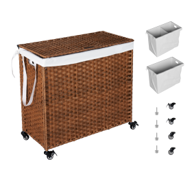 Laundry Hamper With Lid PE Rattan Powder Coating Frame Clothes Hampers with 02 Removable Bags, Wheels, 160L, Brown Color