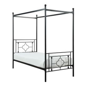 1pc Twin Platform Canopy Bed Black Finish Metal Frame Ball Finials Modern Traditional Look