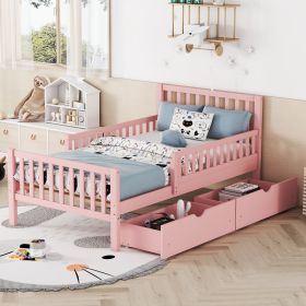 Twin Size Wood Platform Bed with Guardrails on Both Sides and Two Storage Drawers ,Pink