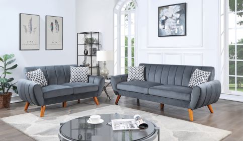 Contemporary 2-Pcs Sofa Set Living Room Furniture Dark Gray Velvet Couch Sofa And Loveseat Plush Cushion Unique Lines Plush Sofa.