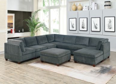 Living Room Furniture Grey Chenille Modular Sectional 9pc Set Large Family U- Sectional Modern Couch 3x Corner Wedge 4x Armless Chairs and 2x Ottoman