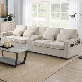 [VIDEO provided] [New] 114.2" Upholstered Sofa with Console, 2 Cupholders and 2 USB Ports Wired or Wirelessly Charged