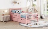 Twin Size Wood Platform Bed with Guardrails on Both Sides and Two Storage Drawers ,Pink