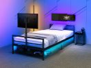 Gaming Bed With Rotating TV Mount And Metal Mesh Frame,Vented Console Storage, iron bed with led