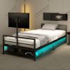 Gaming Bed With Rotating TV Mount And Metal Mesh Frame,Vented Console Storage, iron bed with led