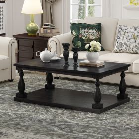 Rustic Floor Shelf Coffee Table with Storage; Solid Pine Wood (Color: Black)