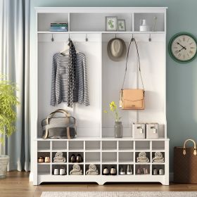 ON-TREND Modern Style Multiple Functions Hallway Coat Rack with Metal Black Hooks;  Entryway Bench 60" Wide Hall Tree with Ample Storage Space and 24 (Color: White)