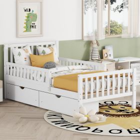 Twin Size Wood Platform Bed with Guardrails on Both Sides and Two Storage Drawers (Color: White)