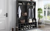 ON-TREND Modern Style Multiple Functions Hallway Coat Rack with Metal Black Hooks;  Entryway Bench 60" Wide Hall Tree with Ample Storage Space and 24